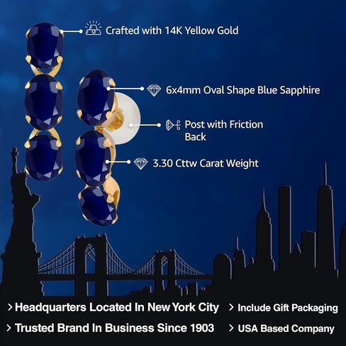 Gem Stone King 3.30 Cttw 14K Yellow Gold Blue Sapphire Hoop Earrings | Gemstone Birthstone | Gemstone Birthstone | Oval 6X4MM | Gold Earrings For Women in Saudi Arabia