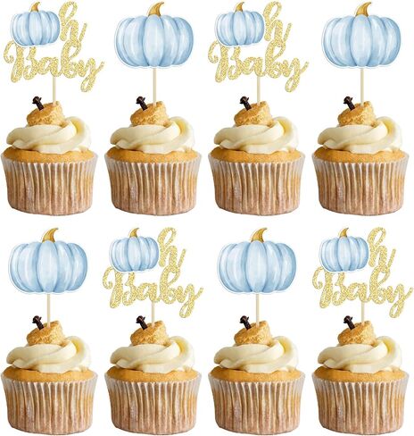 Gyufise 24Pcs Pumpkin Oh Baby Cupcake Toppers Blue Fall Pumpkin Cupcake Picks Baby Shower Cake Decorations Pumpkin Themed Baby Shower Birthday Thanksgiving Halloween Party Cake Decorations Supplies in Saudi Arabia