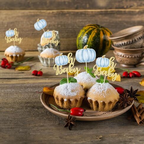 Gyufise 24Pcs Pumpkin Oh Baby Cupcake Toppers Blue Fall Pumpkin Cupcake Picks Baby Shower Cake Decorations Pumpkin Themed Baby Shower Birthday Thanksgiving Halloween Party Cake Decorations Supplies in Saudi Arabia