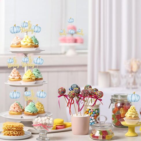 Gyufise 24Pcs Pumpkin Oh Baby Cupcake Toppers Blue Fall Pumpkin Cupcake Picks Baby Shower Cake Decorations Pumpkin Themed Baby Shower Birthday Thanksgiving Halloween Party Cake Decorations Supplies in Saudi Arabia