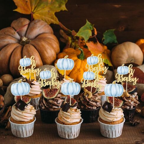 Gyufise 24Pcs Pumpkin Oh Baby Cupcake Toppers Blue Fall Pumpkin Cupcake Picks Baby Shower Cake Decorations Pumpkin Themed Baby Shower Birthday Thanksgiving Halloween Party Cake Decorations Supplies in Saudi Arabia