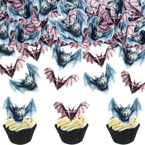 Ercadio 40Pcs Edible Wafer Paper Halloween Bats Cupcake Toppers Edible Bats Cake Picks Halloween Horror Bats Cupcake Decors for Halloween Theme Baby Shower Party Cake Decoration in Kuwait