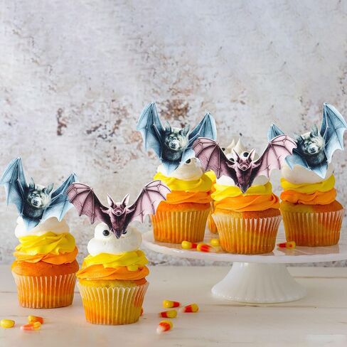 Ercadio 40Pcs Edible Wafer Paper Halloween Bats Cupcake Toppers Edible Bats Cake Picks Halloween Horror Bats Cupcake Decors for Halloween Theme Baby Shower Party Cake Decoration in Kuwait