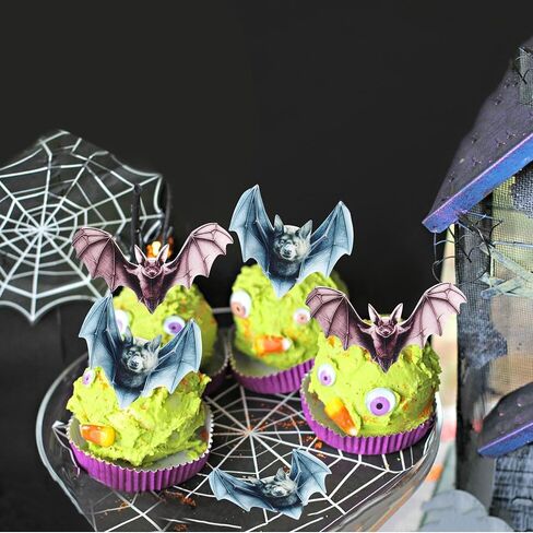 Ercadio 40Pcs Edible Wafer Paper Halloween Bats Cupcake Toppers Edible Bats Cake Picks Halloween Horror Bats Cupcake Decors for Halloween Theme Baby Shower Party Cake Decoration in Kuwait