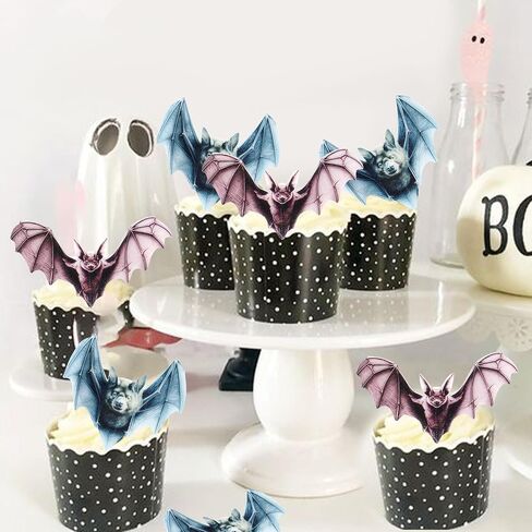 Ercadio 40Pcs Edible Wafer Paper Halloween Bats Cupcake Toppers Edible Bats Cake Picks Halloween Horror Bats Cupcake Decors for Halloween Theme Baby Shower Party Cake Decoration in Kuwait