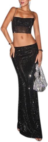RARITYUS Women's 2 Piece Outfits Sparkle Rhinestone Lace Up Crop Top Bodycon Maxi Skirt Set Cocktail Party Club Dress in Saudi Arabia