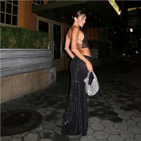 RARITYUS Women's 2 Piece Outfits Sparkle Rhinestone Lace Up Crop Top Bodycon Maxi Skirt Set Cocktail Party Club Dress in Saudi Arabia
