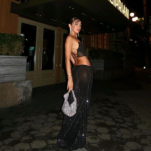 RARITYUS Women's 2 Piece Outfits Sparkle Rhinestone Lace Up Crop Top Bodycon Maxi Skirt Set Cocktail Party Club Dress in Saudi Arabia