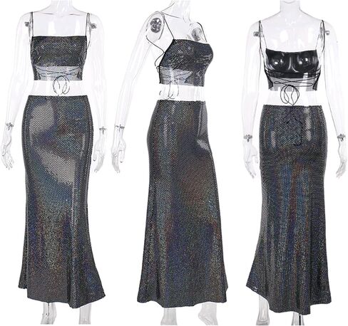 RARITYUS Women's 2 Piece Outfits Sparkle Rhinestone Lace Up Crop Top Bodycon Maxi Skirt Set Cocktail Party Club Dress in Saudi Arabia