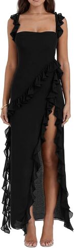 Womens High Slit Bodycon Maxi Dress Ruffle Flowy Sleeve Square Neck Midi Dress Party Dress in Saudi Arabia