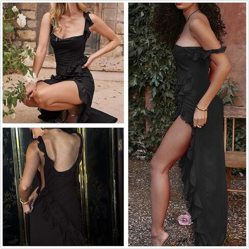 Womens High Slit Bodycon Maxi Dress Ruffle Flowy Sleeve Square Neck Midi Dress Party Dress in Saudi Arabia