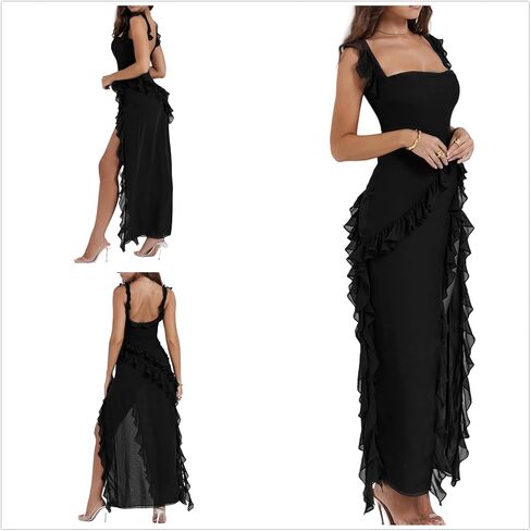 Womens High Slit Bodycon Maxi Dress Ruffle Flowy Sleeve Square Neck Midi Dress Party Dress in Saudi Arabia
