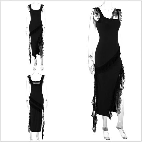 Womens High Slit Bodycon Maxi Dress Ruffle Flowy Sleeve Square Neck Midi Dress Party Dress in Saudi Arabia