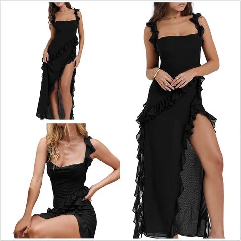 Womens High Slit Bodycon Maxi Dress Ruffle Flowy Sleeve Square Neck Midi Dress Party Dress in Saudi Arabia