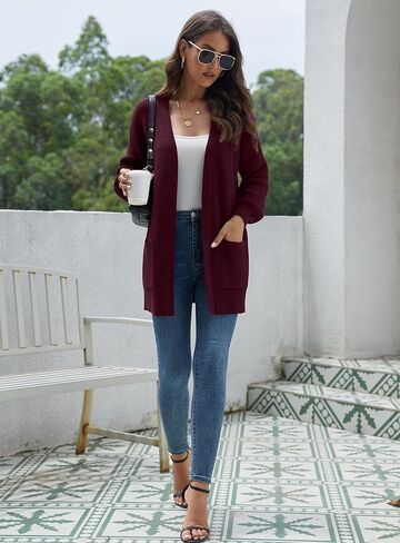 سترة LILBETTER النسائية فضفاضة ومفتوحة من الأمام وأكمام طويلة كاجوال وخفيفة الوزن ومتماسكة وناعمة مع جيوب in Kuwait