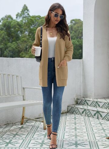 LILBETTER Women's Loose Open Front Cardigan Long Sleeve Casual Lightweight Soft Knit Sweaters Coat with Pockets in Saudi Arabia
