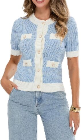 Womens Short Sleeve Button Down Cardigans Sweater Cropped Lightweight Crew Neck Elegant Knit Tops with Pockets in Saudi Arabia