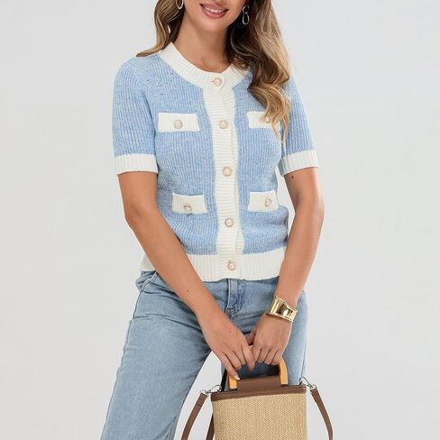 Womens Short Sleeve Button Down Cardigans Sweater Cropped Lightweight Crew Neck Elegant Knit Tops with Pockets in Saudi Arabia