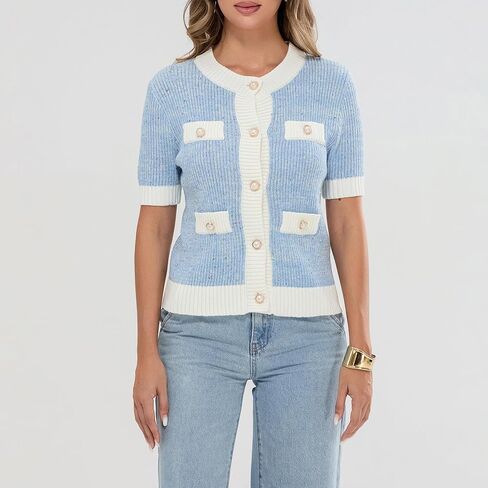Womens Short Sleeve Button Down Cardigans Sweater Cropped Lightweight Crew Neck Elegant Knit Tops with Pockets in Saudi Arabia