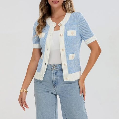 Womens Short Sleeve Button Down Cardigans Sweater Cropped Lightweight Crew Neck Elegant Knit Tops with Pockets in Saudi Arabia