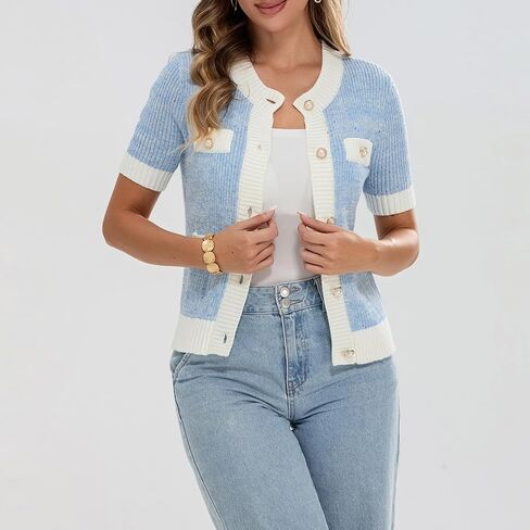 Womens Short Sleeve Button Down Cardigans Sweater Cropped Lightweight Crew Neck Elegant Knit Tops with Pockets in Saudi Arabia