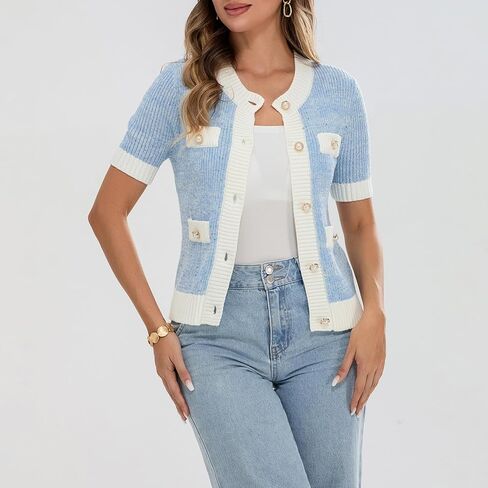 Womens Short Sleeve Button Down Cardigans Sweater Cropped Lightweight Crew Neck Elegant Knit Tops with Pockets in Saudi Arabia