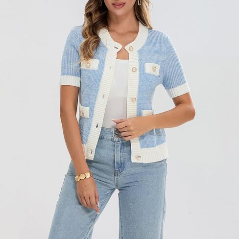 Womens Short Sleeve Button Down Cardigans Sweater Cropped Lightweight Crew Neck Elegant Knit Tops with Pockets in Saudi Arabia