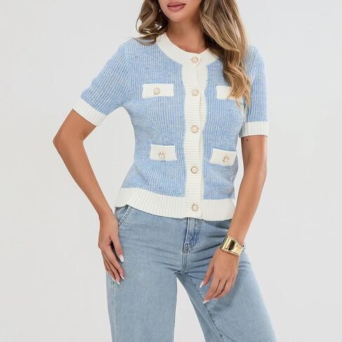 Womens Short Sleeve Button Down Cardigans Sweater Cropped Lightweight Crew Neck Elegant Knit Tops with Pockets in Saudi Arabia