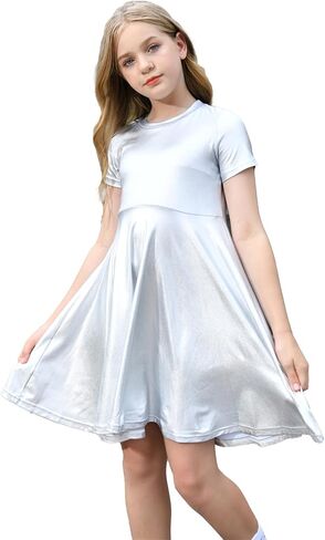 Girls Metallic Dress Kids Sparkly Shiny Dresses Short Sleeve Twirl Swing Dresses in Saudi Arabia