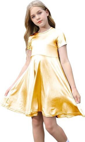 فستان بناتي معدني للأطفال، فساتين لامعة لامعة بأكمام قصيرة، فساتين متأرجحة in Kuwait