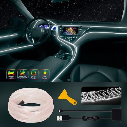USB EL Wire Car LED Interior Strip Light, Neon Wire Lights with 6mm Sewing Edge-16FT Glowing Electroluminescent (EL) Wire, Car Ambient Lighting Kit for Car, Garden, Decorations (5M/15FT, White) in Saudi Arabia