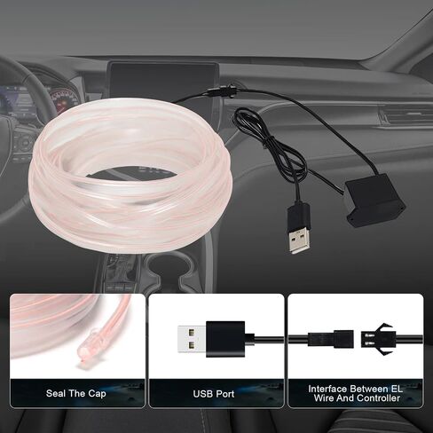 USB EL Wire Car LED Interior Strip Light, Neon Wire Lights with 6mm Sewing Edge-16FT Glowing Electroluminescent (EL) Wire, Car Ambient Lighting Kit for Car, Garden, Decorations (5M/15FT, White) in Saudi Arabia