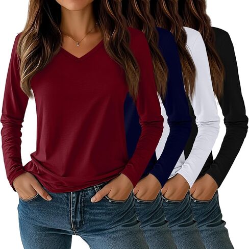 Huukeay 4 Pack Women's V Neck Shirts Long Sleeve Tops Casual Basic Tee Blouse Dressy Fall Fashionable Trendy Outfits 2024 in Kuwait