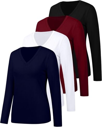 Huukeay 4 Pack Women's V Neck Shirts Long Sleeve Tops Casual Basic Tee Blouse Dressy Fall Fashionable Trendy Outfits 2024 in Kuwait