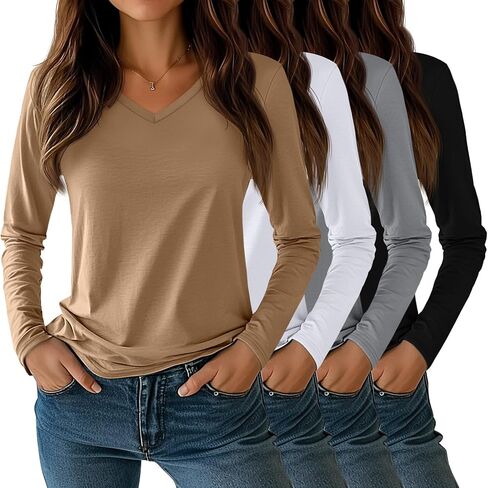 Huukeay 4 Pack Women's V Neck Shirts Long Sleeve Tops Casual Basic Tee Blouse Dressy Fall Fashionable Trendy Outfits 2024 in Kuwait