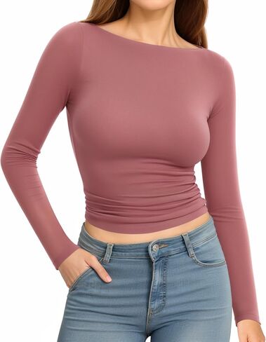 MANGOPOP Long Sleeve Shirts for Women Boat Neck Top Slim Fit T Shirt Tight Tops Tee in Saudi Arabia