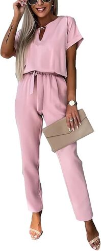Women's Deep V Neck Short Sleeve Jumpsuits Long Pant Romper with Pockets in Saudi Arabia