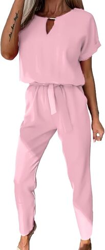 Women's Deep V Neck Short Sleeve Jumpsuits Long Pant Romper with Pockets in Saudi Arabia