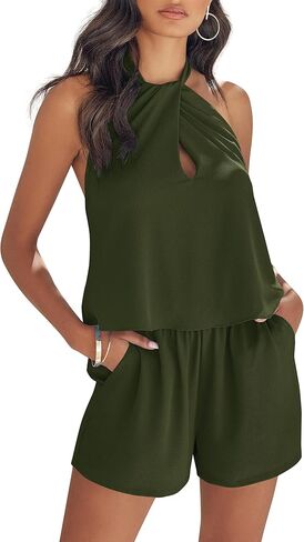 Jauoop Womens Summer Tie Halter Neck Jumpsuit Sexy Keyhole Backless Sleeveless Romper Casual Playsuit with Pockets in Saudi Arabia