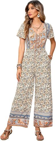 R.Vivimos One Piece Jumpsuits for Women Summer Boho Floral Print Short Sleeve V Neck Drawstring Waist Wide Leg Long Rompers in Kuwait