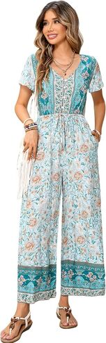 R.Vivimos One Piece Jumpsuits for Women Summer Boho Floral Print Short Sleeve V Neck Drawstring Waist Wide Leg Long Rompers in Kuwait