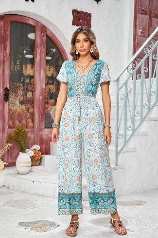 R.Vivimos One Piece Jumpsuits for Women Summer Boho Floral Print Short Sleeve V Neck Drawstring Waist Wide Leg Long Rompers in Kuwait