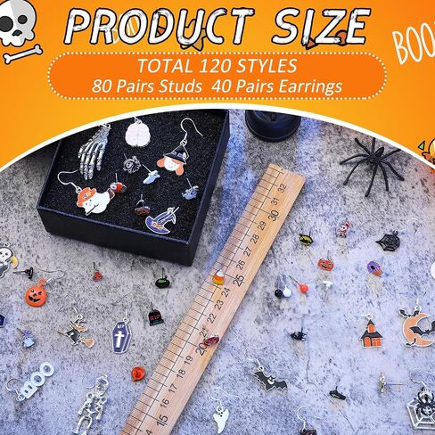Sasylvia 120 Pairs Halloween earrings Sets Halloween Studs earrings Bulk Bat Cat Witch Stud earrings Set Spider Web Pumpkin Skull earrings Drop Halloween Jewelry for Women for Party in Saudi Arabia