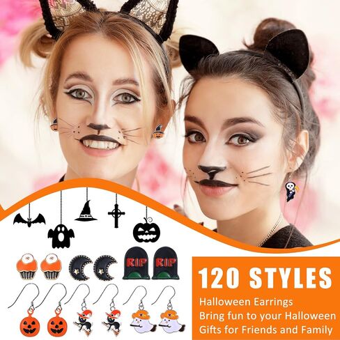 Sasylvia 120 Pairs Halloween earrings Sets Halloween Studs earrings Bulk Bat Cat Witch Stud earrings Set Spider Web Pumpkin Skull earrings Drop Halloween Jewelry for Women for Party in Saudi Arabia