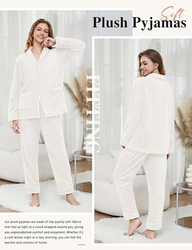 Women's Fleece Pajama Sets with Pockets, Long Sleeves Button Front Warm Pajamas Winter Sleepwear with Notched Collar in Saudi Arabia