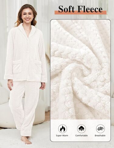 Women's Fleece Pajama Sets with Pockets, Long Sleeves Button Front Warm Pajamas Winter Sleepwear with Notched Collar in Saudi Arabia