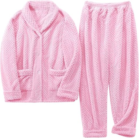 Women's Fleece Pajama Sets with Pockets, Long Sleeves Button Front Warm Pajamas Winter Sleepwear with Notched Collar in Saudi Arabia