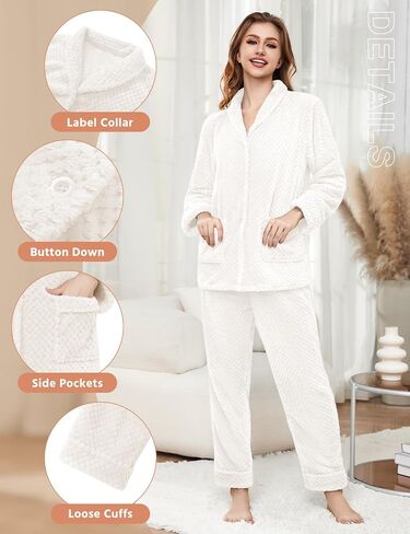 Women's Fleece Pajama Sets with Pockets, Long Sleeves Button Front Warm Pajamas Winter Sleepwear with Notched Collar in Saudi Arabia
