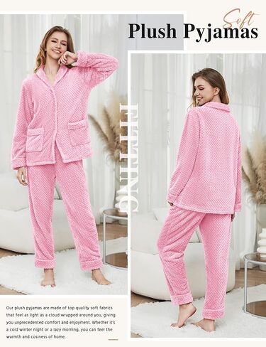 Women's Fleece Pajama Sets with Pockets, Long Sleeves Button Front Warm Pajamas Winter Sleepwear with Notched Collar in Saudi Arabia