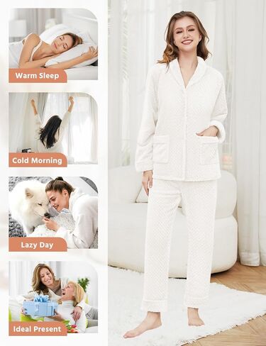 Women's Fleece Pajama Sets with Pockets, Long Sleeves Button Front Warm Pajamas Winter Sleepwear with Notched Collar in Saudi Arabia